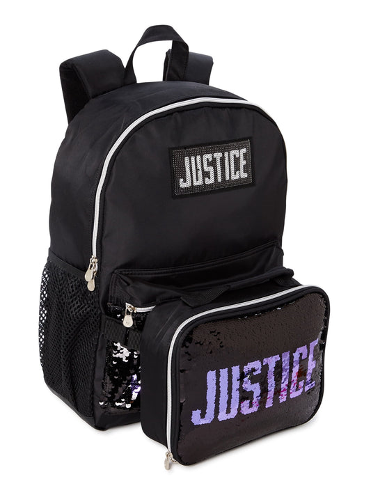 Justice Girls 17" Laptop Backpack 2-Piece Lunch Tote Set Black Sequin