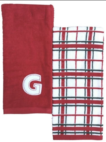 St Nicholas Square Red Christmas Plaid "G" Monogram Hand Towel Set, 2 piece