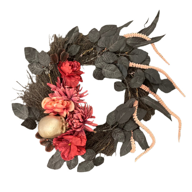 Ashland Halloween Skull and Flowers Wreath 19 in