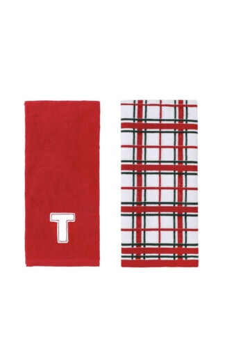 St Nicholas Square Red Christmas Plaid "T" Monogram Hand Towel Set, 2 piece