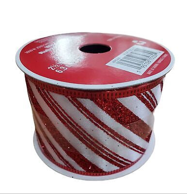 Red & White Striped Wired Christmas Ribbon 20ft