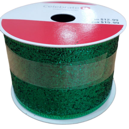 Green Glitter Christmas Ribbon Wired 2.5" x 20ft