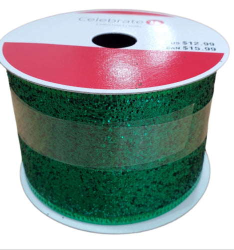 Green Glitter Christmas Ribbon Wired 2.5" x 20ft