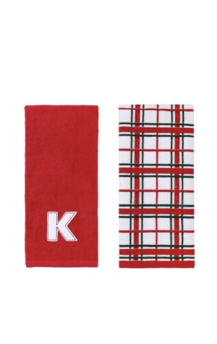 St. Nicholas Hand Towels "K" Set of 2 – Red Plaid
