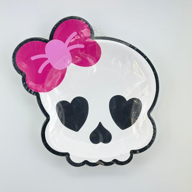 Skull Halloween Paper Plates with Pink Bow – 12 Count