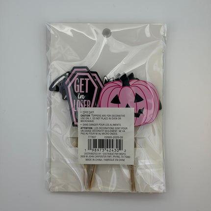 Pink Halloween Cupcake Toppers – Pumpkin, Skeleton & Coffin (12 Count)