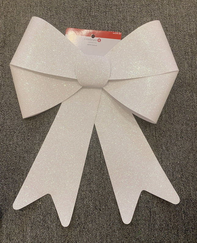 Large Sparkle Christmas Bow, White, 14 x 13 in