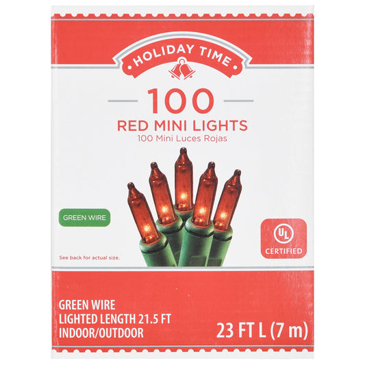 Holiday Time 100-Count Red Incandescent Mini Christmas Lights, with Green Wire, 23 Feet