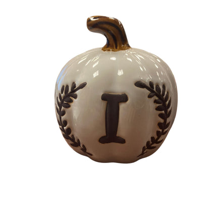 Ashland Fall White Porcelain Pumpkin with Letter I 5x5in