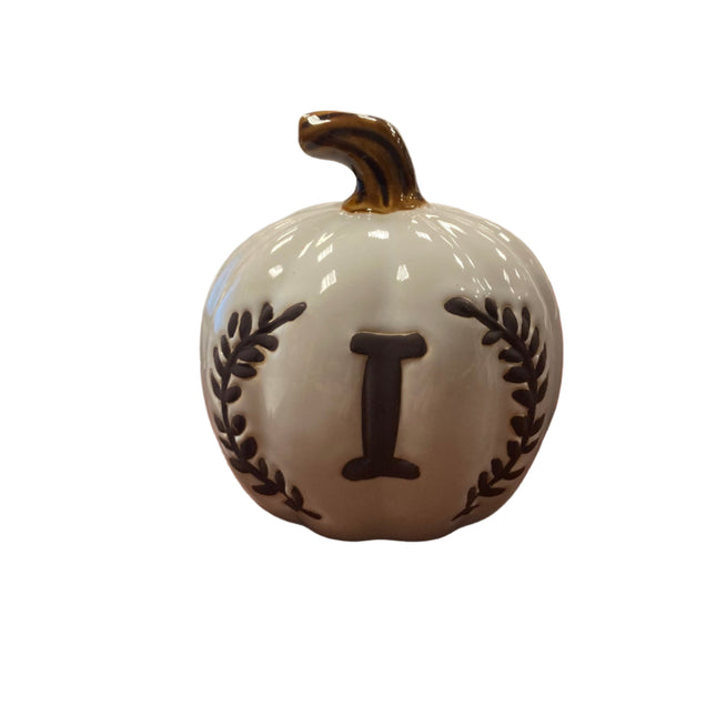 Ashland Fall White Porcelain Pumpkin with Letter I 5x5in