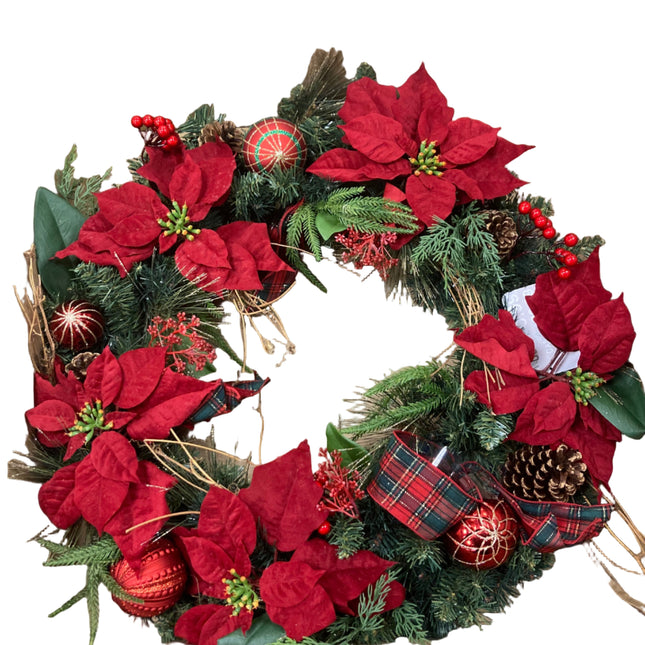 Ashland Christmas Wreath with Red Ornaments and Flowers 26in