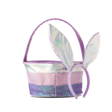 Easter Purple Mixed Fabric Basket with Bunny Ears Headband, 11 in x 6 in