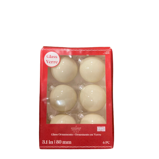 Ashland Christmas Big White Glass Ornaments 3.1in 6PC