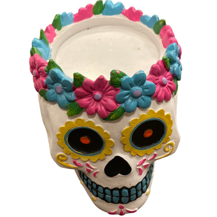 Ashland Day of the Dead Skull Candle Holder with Blue and Pink Flowers Decoration 6x5in
