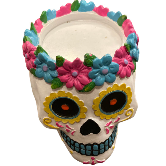 Ashland Day of the Dead Skull Candle Holder with Blue and Pink Flowers Decoration 6x5in