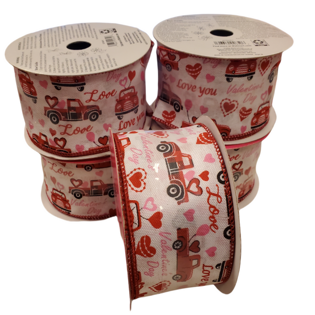 Valentine's Day Decorative Ribbon with Hearts, Red Truck, and words 2.5in x 12ft