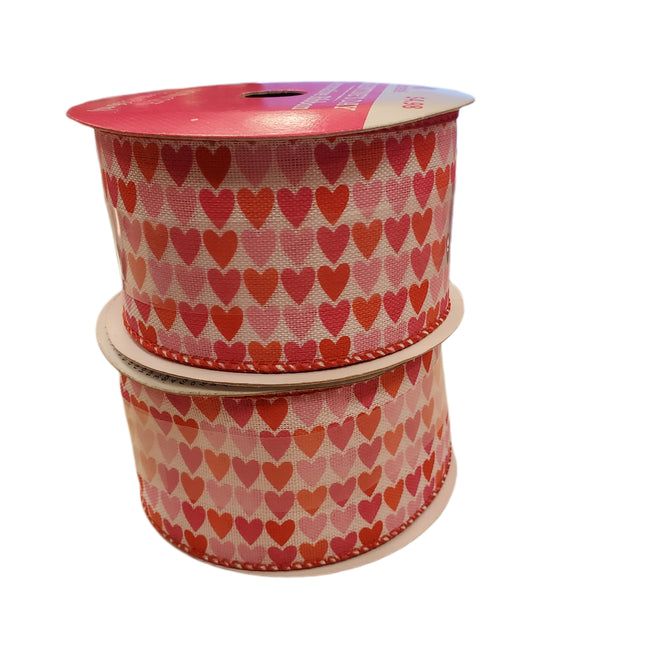 Valentine's Day White with Pink and Red Hearts Ribbon 2.5in x 12ft