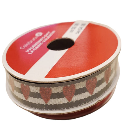 Valentine's Day Black and White striped with Red Hearts Ribbon 3/8" x 3yd