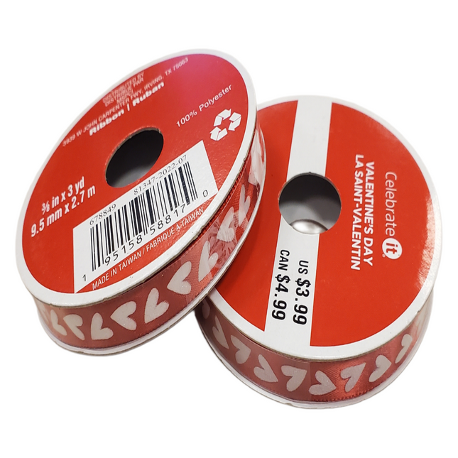 Valentine's Day Decorative Red with White Hearts Ribbon 3/8in x 3yd