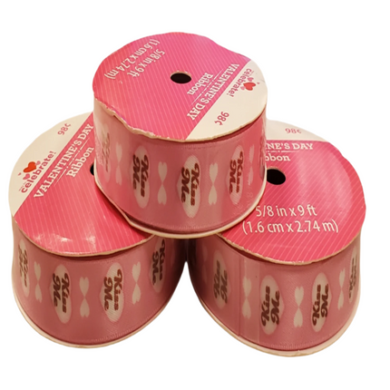 Valentine's Day Decorative Ribbon Pink and White with Hearts 5/8in x 3yd