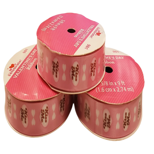 Valentine's Day Decorative Ribbon Pink and White with Hearts 5/8in x 3yd