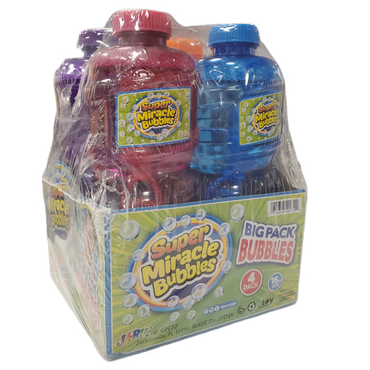 SUPER MIRACLE BUBBLES DELUXE BUBBLE WANDS INCLUDED, 4 BOTTLES 16oz EACH