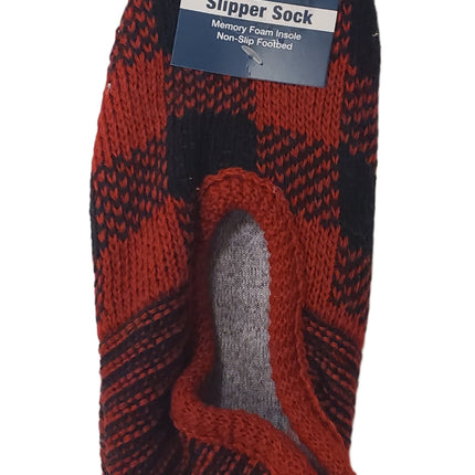 Memory Foam Black and Red Plaid Slipper Socks with Non-Slip Footbed
