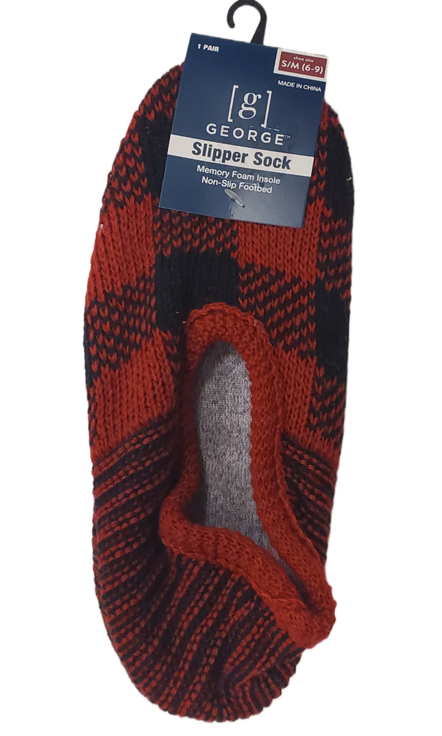 Memory Foam Black and Red Plaid Slipper Socks with Non-Slip Footbed