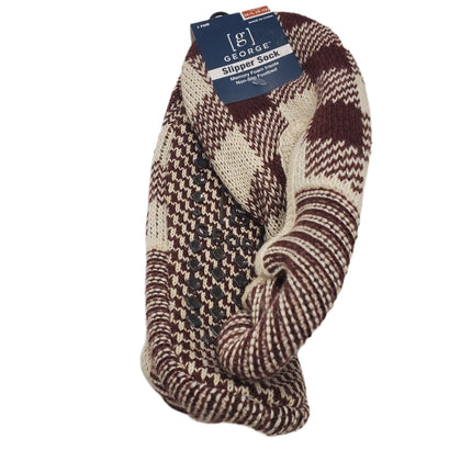 Memory Foam Tan and Burgundy Plaid Slipper Socks with Non-Slip Footbed