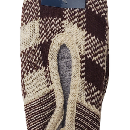 Memory Foam Tan and Burgundy Plaid Slipper Socks with Non-Slip Footbed