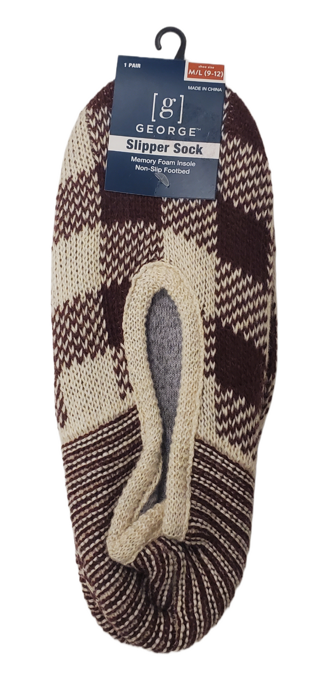 Memory Foam Tan and Burgundy Plaid Slipper Socks with Non-Slip Footbed