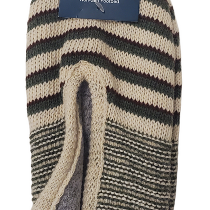 Memory Foam Green, Tan and Brown Striped Slipper Socks with Non-Slip Footbed