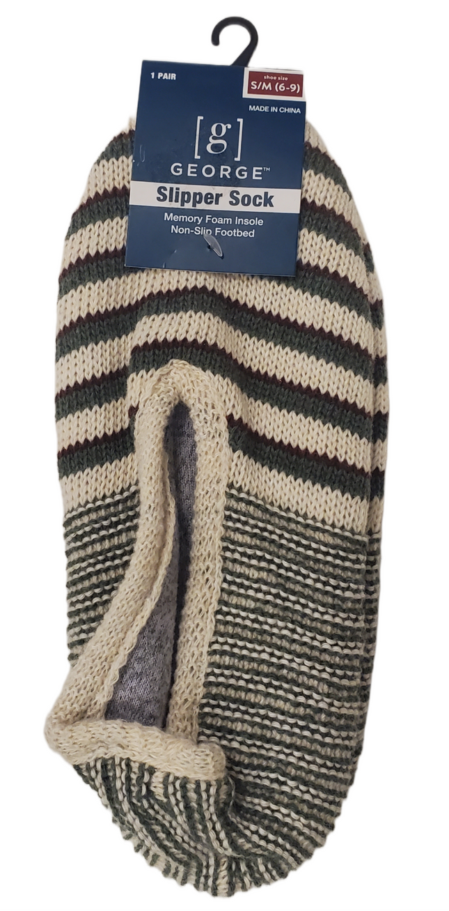Memory Foam Green, Tan and Brown Striped Slipper Socks with Non-Slip Footbed