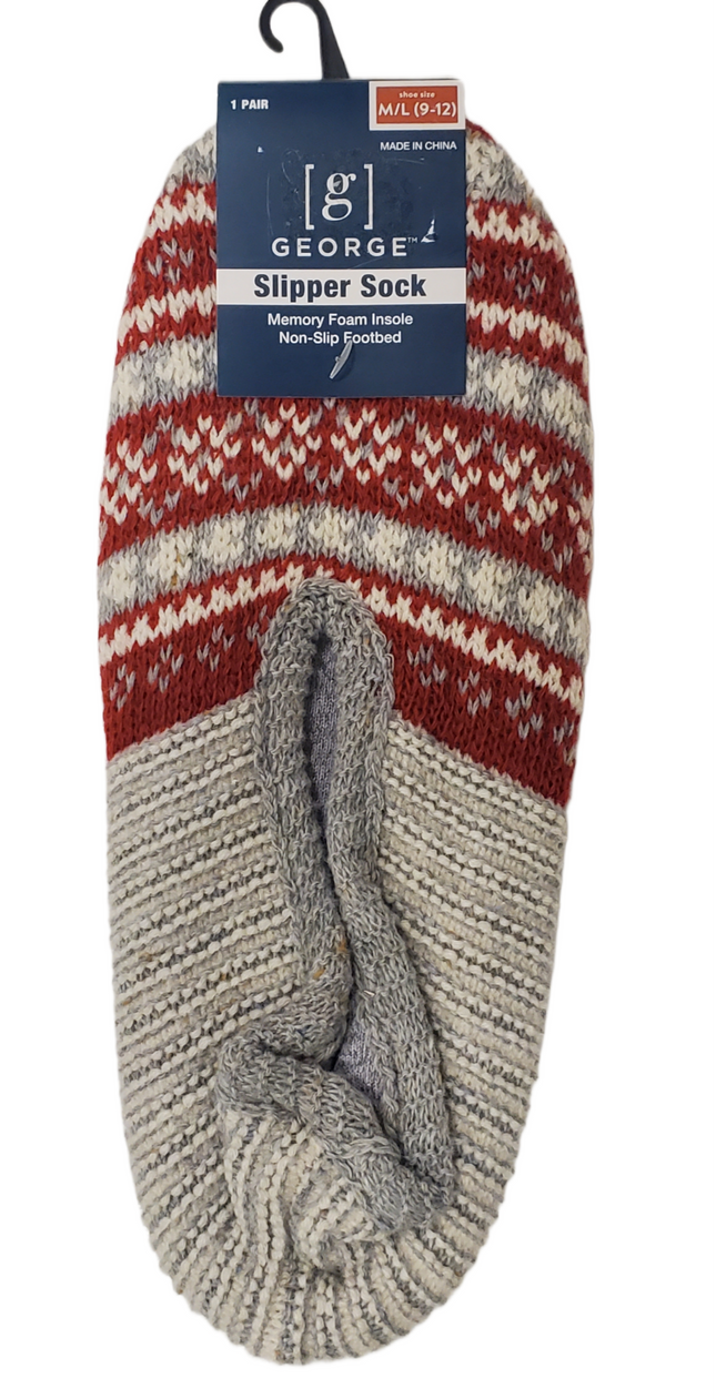 Memory Foam Grey, White and Red Slipper Socks with Non-Slip Footbed