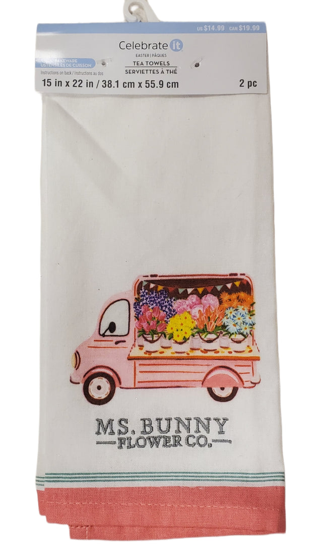 Easter Bunny Floral Tea Towels 15x22 in, 2-Pack