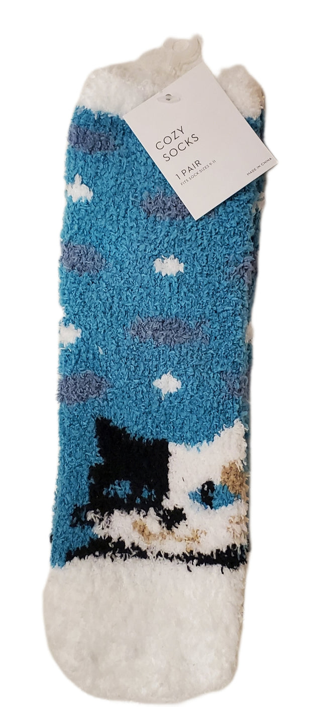 Cozy Socks Fuzzy Slipper Socks with Cute Black and White Kitten