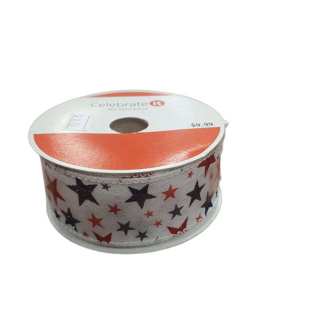Ribbon, Wired, 1.5 in X 30 ft, Red White Blue Stars