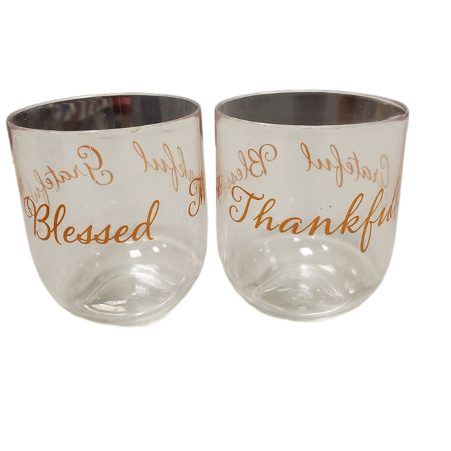 Grateful & Blessed 11oz Stemless Plastic Wine Glasses, 2-Pack