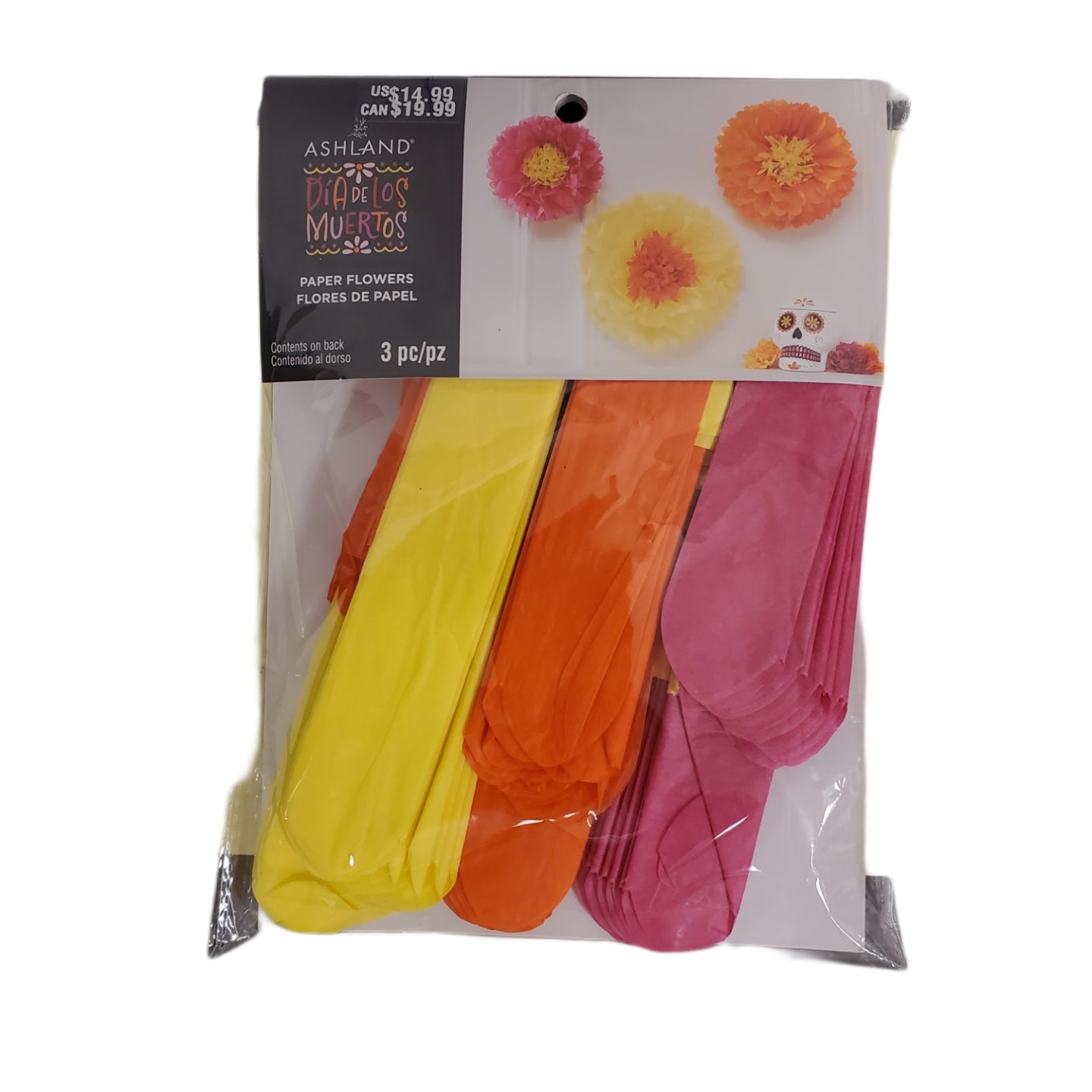 Ashland Dia De Los Muertos Paper Flowers 3-pc 14" Yellow, 12" Orange 10" Hot Pink