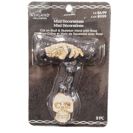 Ashland Halloween Mini Decoration Cat on Skull & Skeleton Hand with Rose