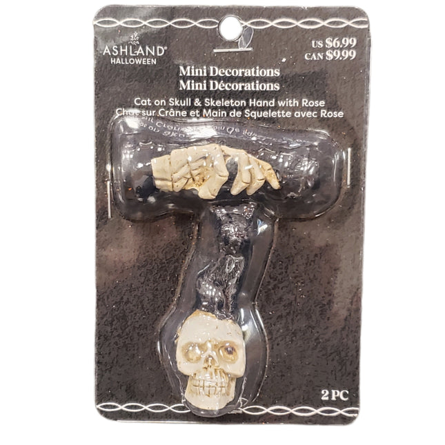 Ashland Halloween Mini Decoration Cat on Skull & Skeleton Hand with Rose