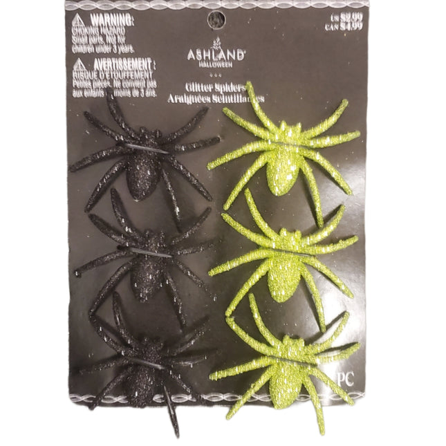 Ashland Halloween Black & Green Glitter Spiders 3 inches 6-pc