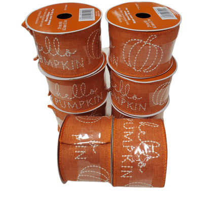 Wired Ribbon Celebrate It 2.5 in X 9 Feet Orange Embroidered Hello Pumpkin Fall