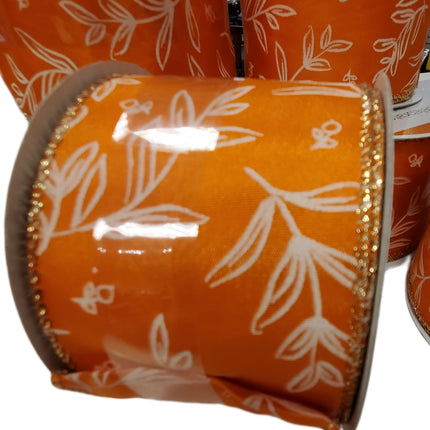Wired Ribbon Celebrate It 2.5 in X 20 Feet Orange with White Foliage Fall