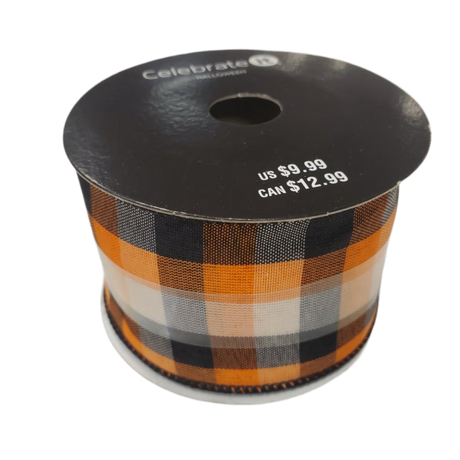 Wired Ribbon Celebrate It 2.5 in X 20 Ft Orange & Black Plaid