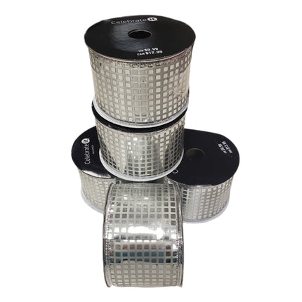 Wired Ribbon Celebrate It 2.5 in X 20 Feet Silver Checkered