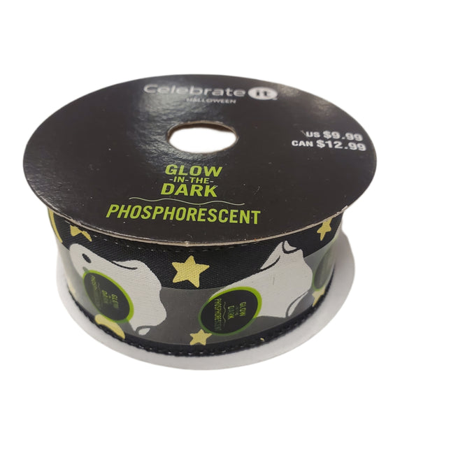 Wired Ribbon Celebrate It Halloween Ghost Glow in the Dark 1.5 in X 30 ft