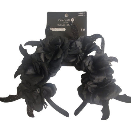 Halloween Headband Celebrate It Black Flowers & Bats