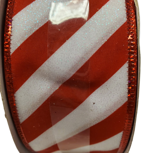 Jumbo WIRED Ribbon Red W/ White Glitter, Candy Cane Stripes 2.5 in X 80 ft