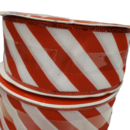 Jumbo WIRED Ribbon Red W/ White Glitter, Candy Cane Stripes 2.5 in X 80 ft